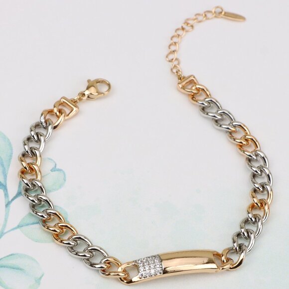 "Rose Gold & Silver Chain Bracelet with Crystal Accent Bar, XPBL0836 - Picture 1 of 13